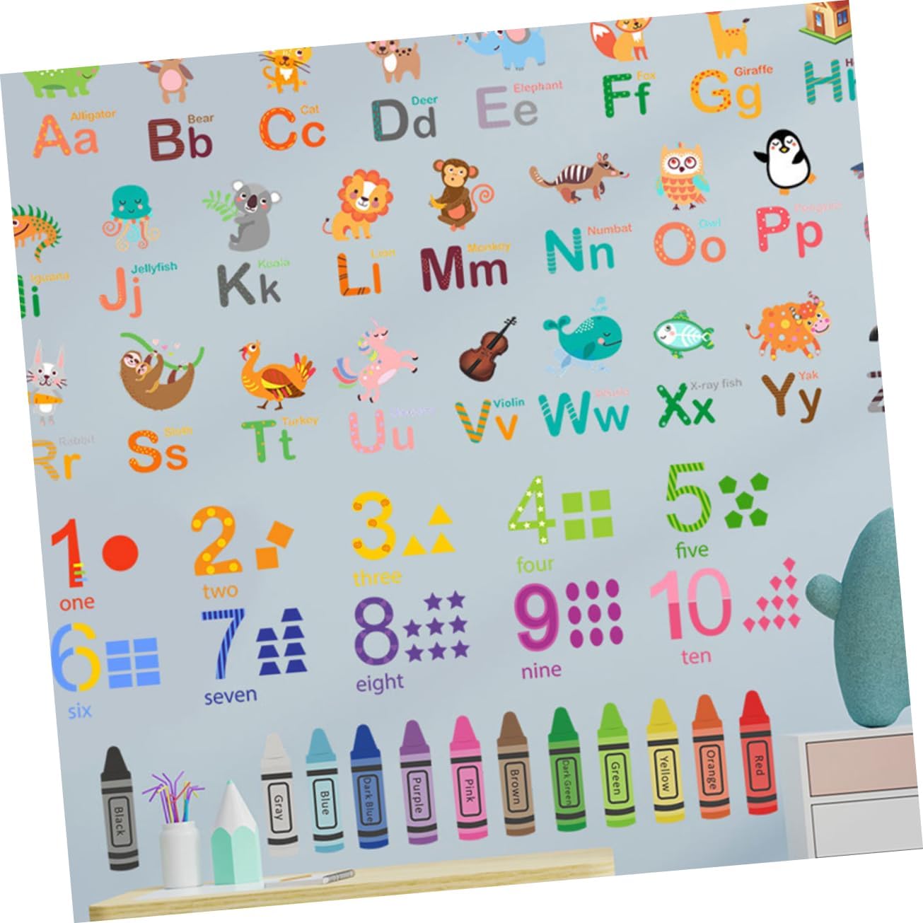 jojofuny 1Set Cartoon Animal Alphabet and Number Wall Decals Stickers for Room and Classroom Decor Educational Learning Stickers for Nursery