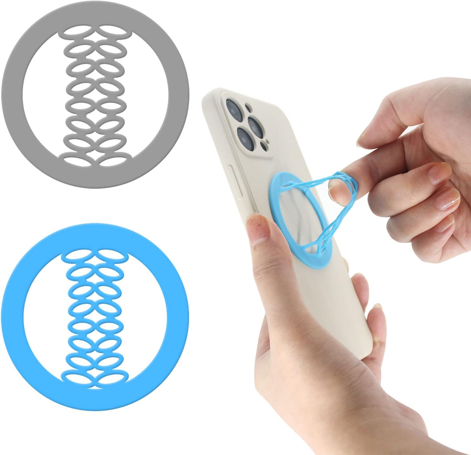 Phone Grip Strap Holder Silicone Gripper for Back of Phone Finger Holder for Hand, Compatible with iPhone, Samsung, Android Smart Phone, 2pcs Gray/Blue