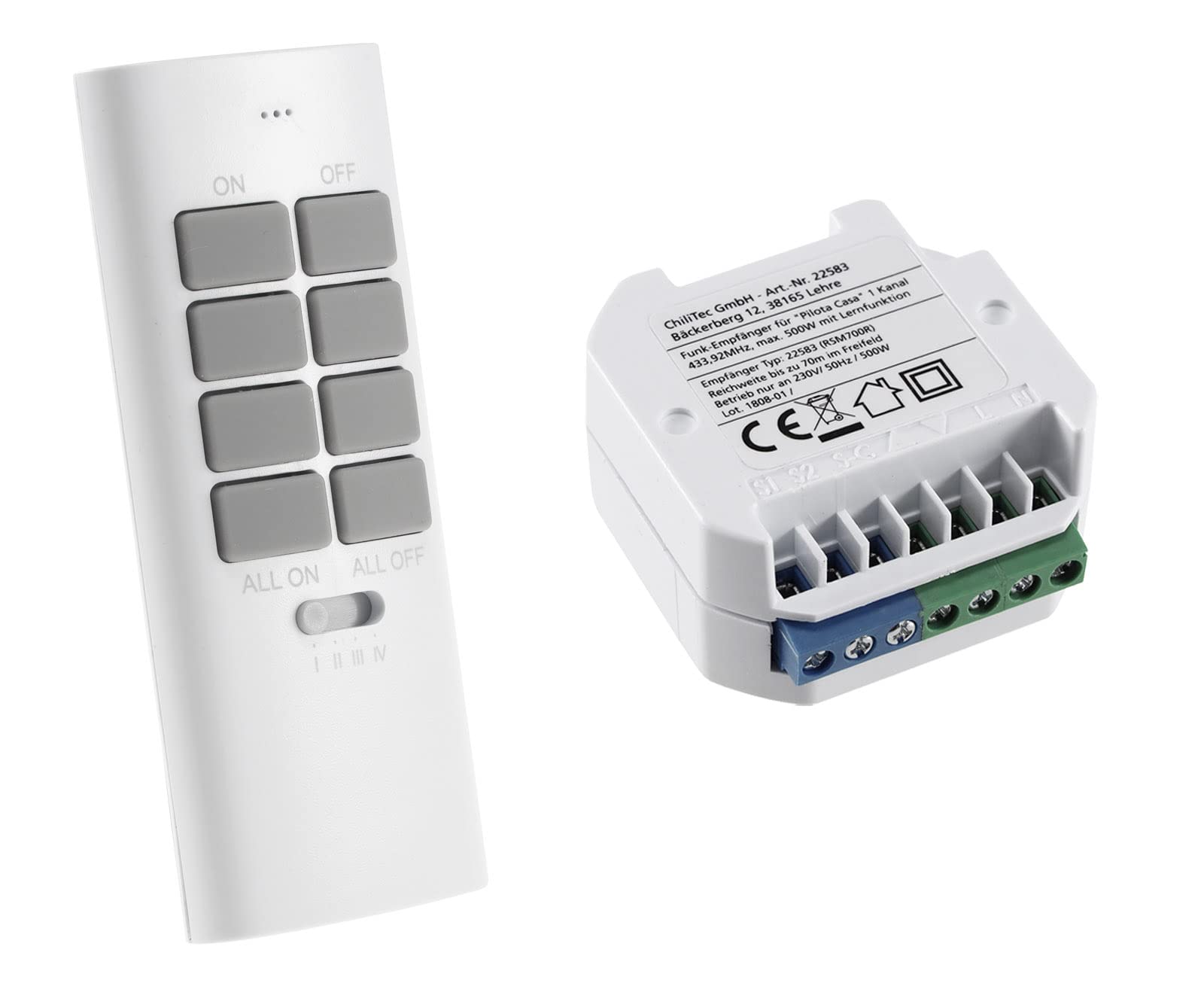 Funk Rolladen- & Jalousie Set mit Fernbedienung PILOTA CASA kabellose Steuerung 230V für elektrische Motoren bis 500Watt - für UP Dosen Ø50x20mm