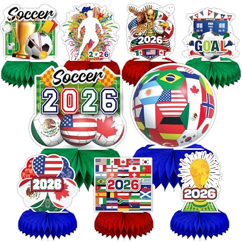 9Pcs Soccer Party Decorations for Kids Adults Soccer Honeycomb Centerpieces for Table Birthday Party Decorations Decor Supplies for Men Women