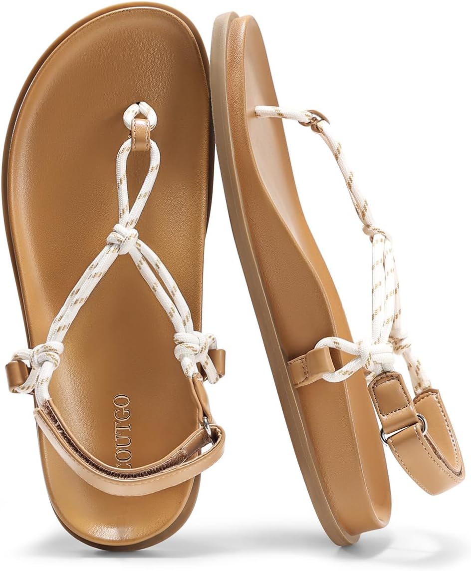 Coutgo Womens T Strap Flat Sandals Open Toe Flip Flops Adjustable Ankle Strap Summer Beach Thong Shoes