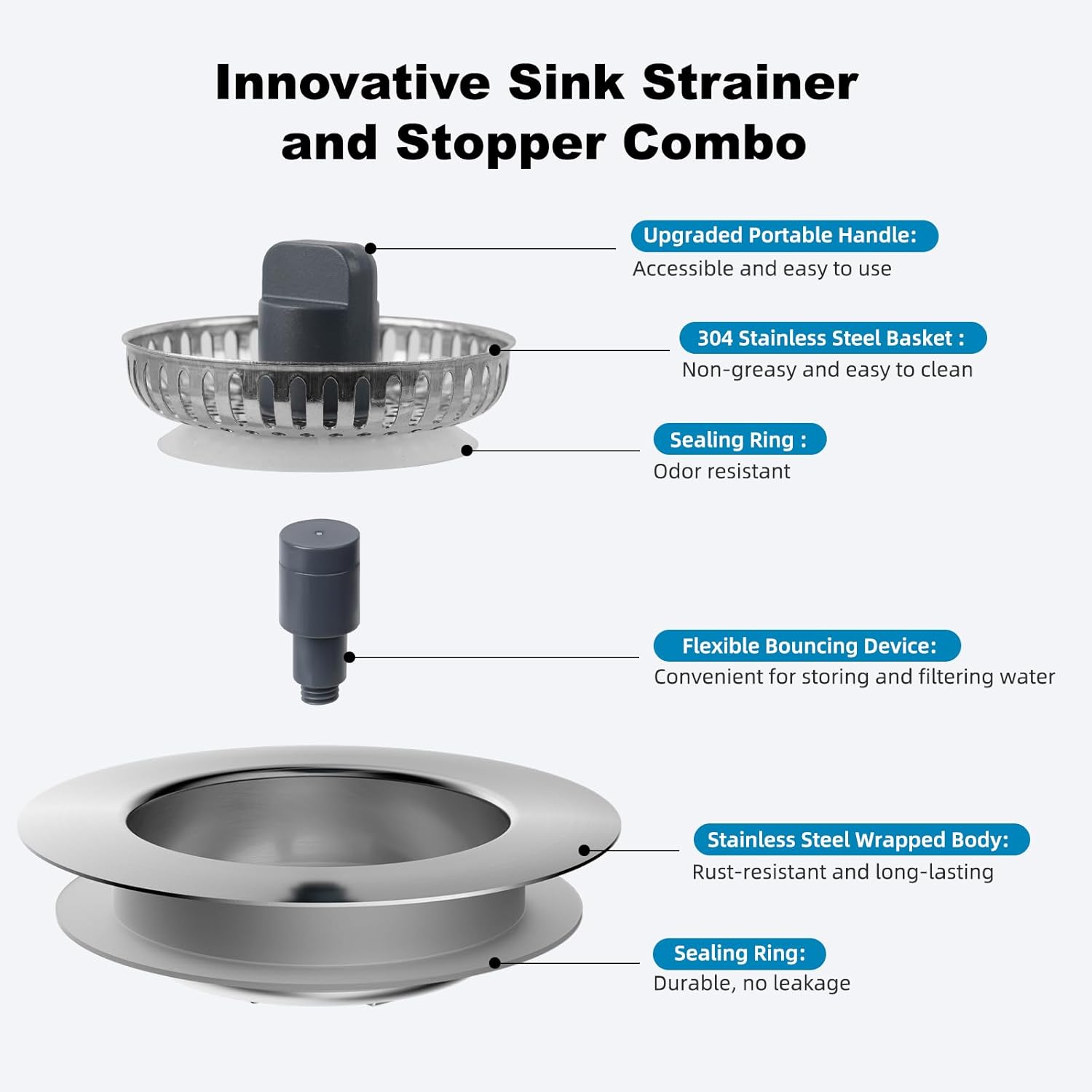 Universal All Metal Kitchen Sink Strainer with Drain Stopper Assembly, iFealClear Stainless Steel Pop Up Kitchen Sink Stopper, Dishwasher Safe, Fits US Standard 3-1/2'' Drain, Chrome Finished