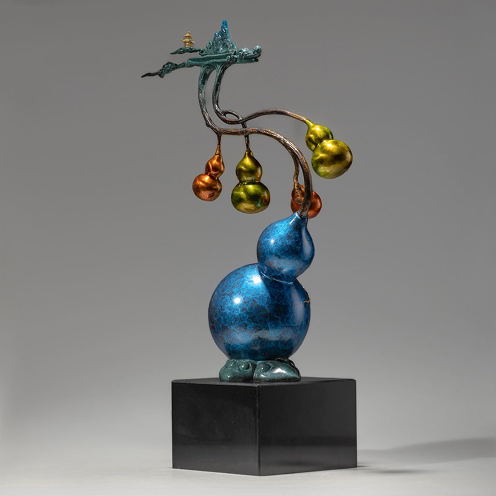 Ozdoba z kolorowej miedzianej tykwy Nowa rzeźba z mosiądzu w stylu chińskim | Statua bogactwa Feng Shui do salonu, przedpokoju, konsoli i domowego biura (43 x 17 x 61 cm)