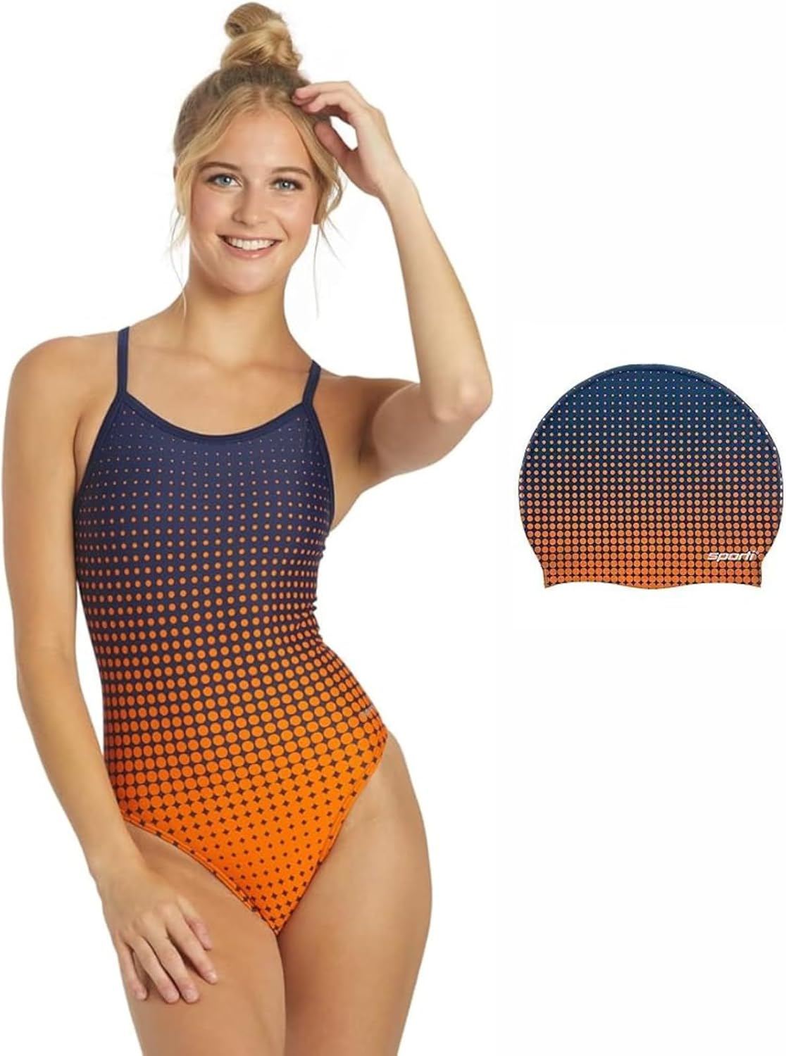 Sporti Molecule Pro Performance Swim Set: Sleek One-Piece & Matching Cap (Navy/Orange - 36)