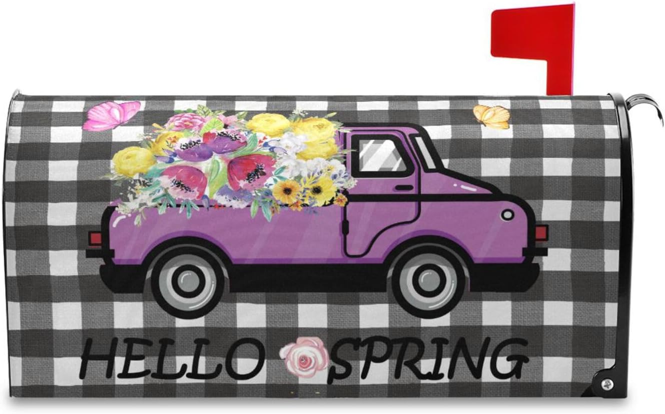 Wusikd Hello Spring Truck Mailbox Cover Magnetic Standard Size Flowers Butterfly Mailbox Covers Letter Post Box Cover Wrap Decoration Welcome Home Garden Outdoor 21" Lx 18" W