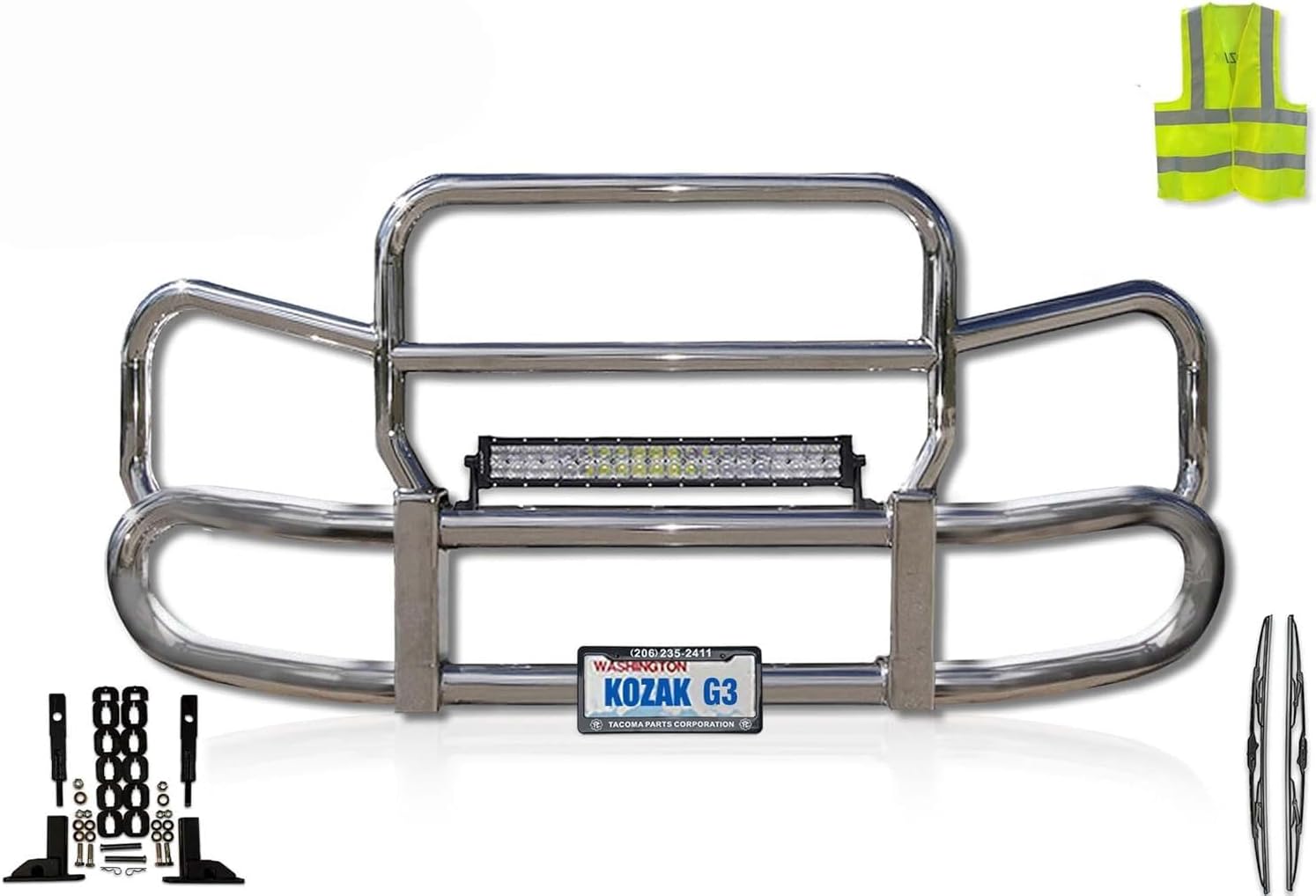 KOZAK Grille Deer Moose Brush Bumper Guard HERD 300 Compatible with Kenworth T880 2014-2025 PLUS Brackets, 22" LED Bar 120W, Logo, 2x 22" Windshield Wipers, License Plate Holder & Frame, Vest