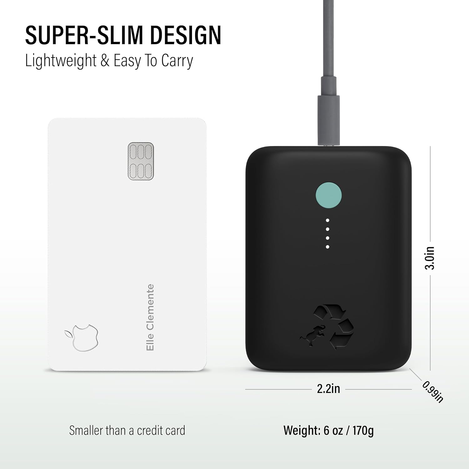 Чапталгыч Чamp Lite Portable Charger next to a credit card for size comparison.