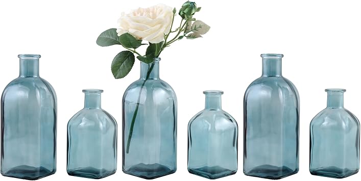 GMWD Glass Flower Vase Set of 6 Green Clear Bud Vases, 14.5 Oz 8 Oz Apothecary Bottle Vases Decorative for Centerpieces Home Decoration Wedding Reception Table Decor