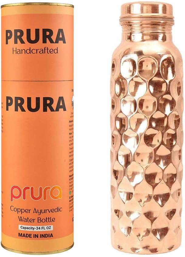 PRURA Diamond Cut Copper Water Bottle - Leak Proof Ayurvedic Drinkware Copper...