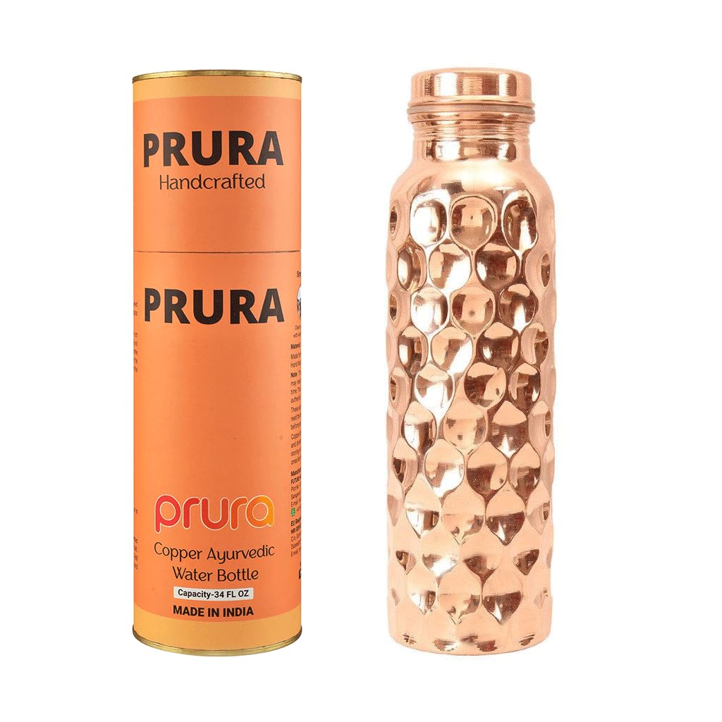 Diamond Cut Copper Water Bottle - Leak Proof Ayurvedic Drinkware Copper Vessel for Sports, Gym, Outdoors, Yoga