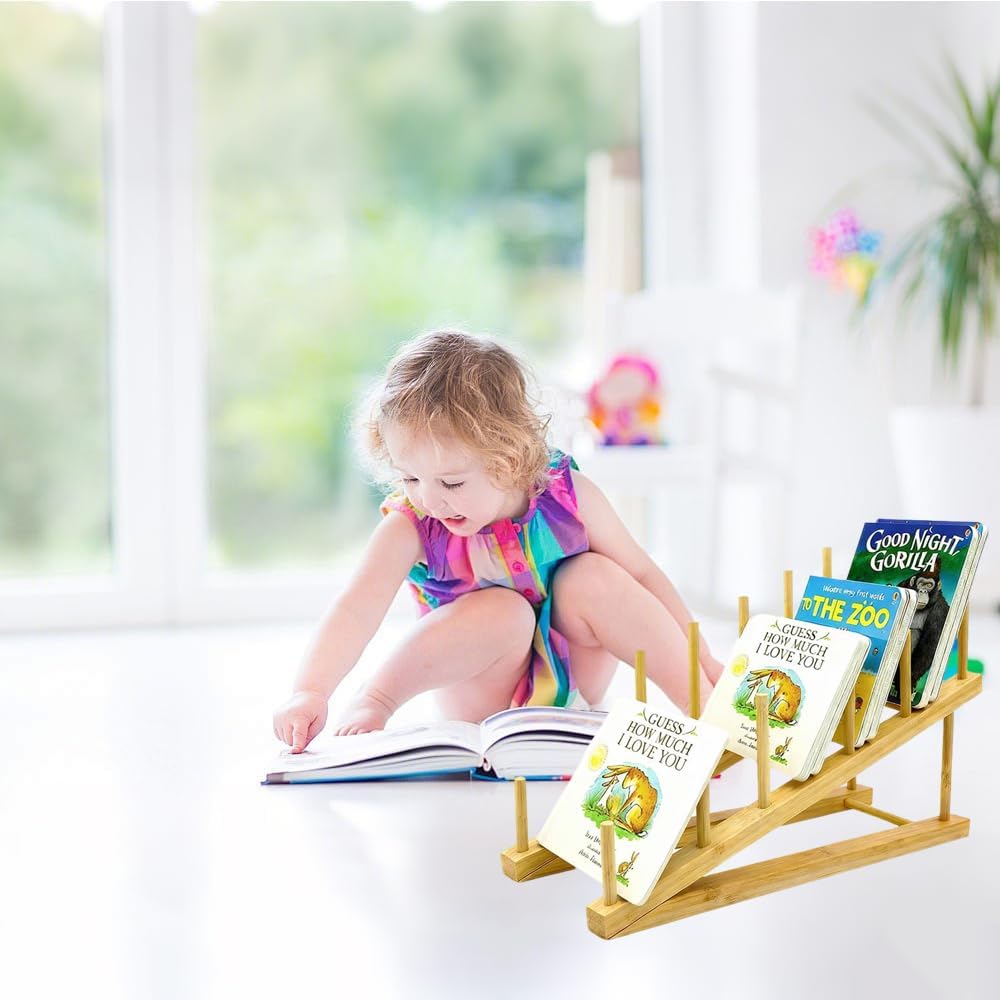 2 PCS Book Display Stand Holder, 5-Tier Wooden Kids Bookshelf, Toddler Book Rack Organizer for Magazines, Children Tabletop Book Display Shelves for Living Room Bedroom Home Office