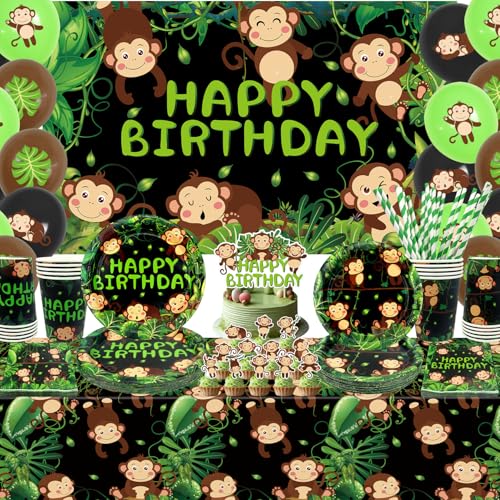 Décorations d'anniversaire de singe, décoration de fête de singe, assiettes, tasses, serviettes, nappe, toile de fond « Happy Birthday », décorations de gâteau pour fournitures d'animaux de la jungle
