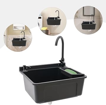 Wall-Mounted Utility Sink, Rotatable Hot & Cold Water Faucet Laundry Sink with Soap Box & Soap Dispenser, Utility Sink Tub Kit for Basement, Laundry Room, Garage and Shop (Black)