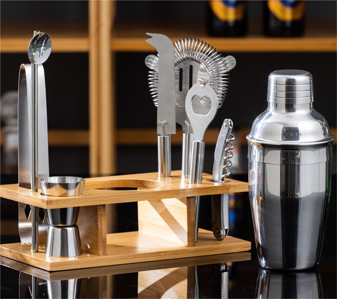 Juego de Cocktail Shaker Coctelera Negra con Elegante Soporte De Bambú, Juego De Herramientas De Barra De 9 Piezas con Folleto De Recetas Coctelera Profesional Herramientas (Color : A, Size : 750ml