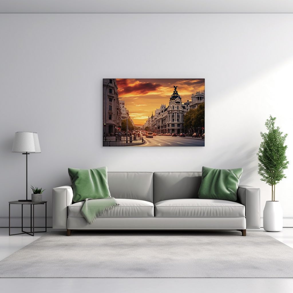 Canvas for Living room. Madrid's Gran Via Embraces Twilight: A Bustling City Under a Fiery Sky, 27 x 18 inch Canvas Wall Art - Wall Art Digital Painting - Modern Home Decor