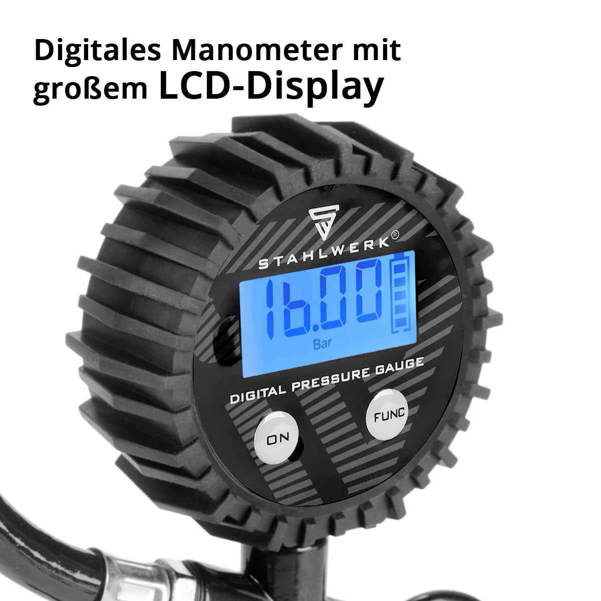 STAHLWERK Digitale Druckluft-Reifenfüllpistole DRD-16 ST | Druckluft Reifenfüller mit digitalem Manometer | Reifendruckprüfer für PKW, LKW, Motorrad, Fahrrad | Messbereich 0-16 Bar / 0-232 PSI