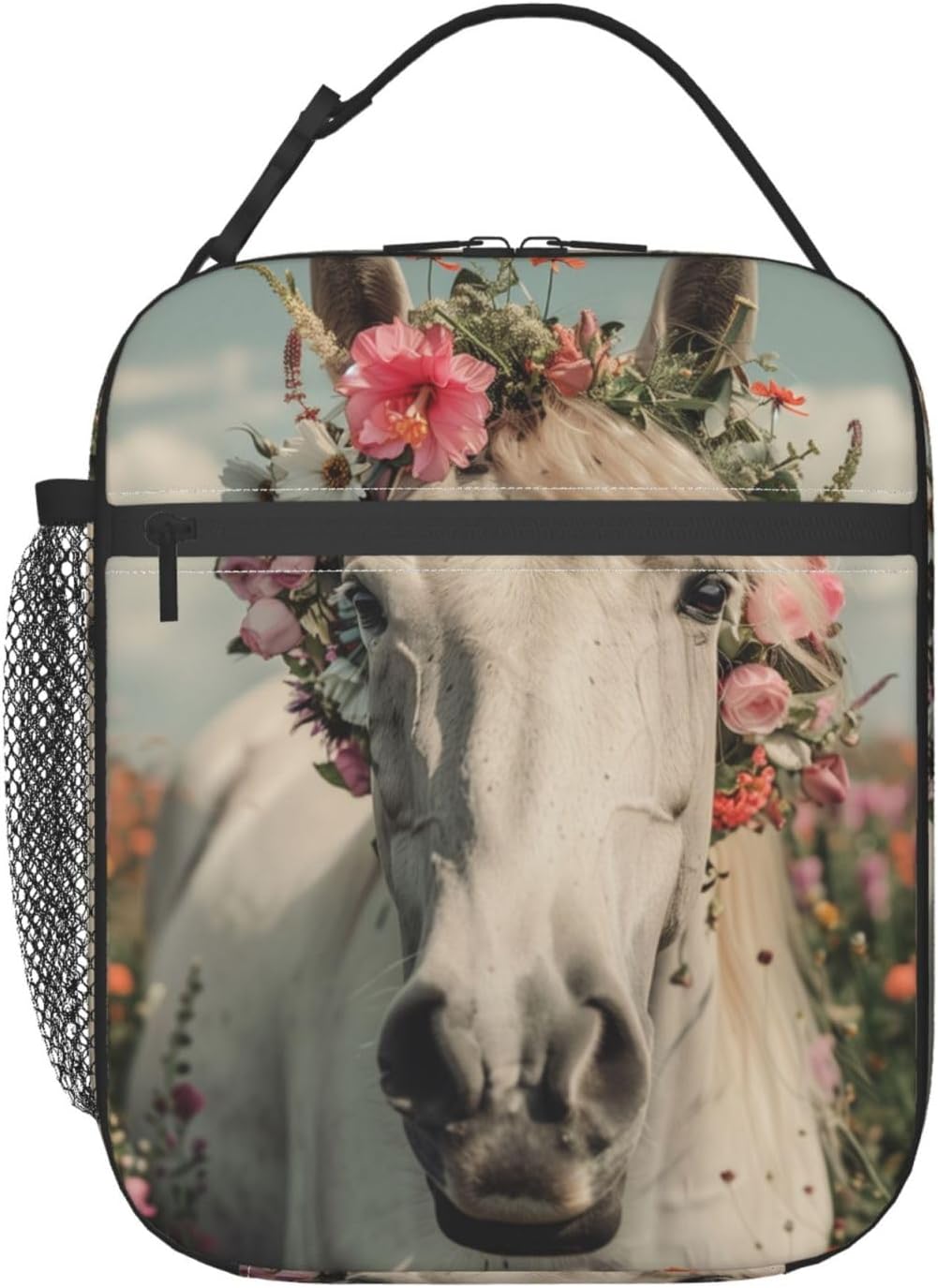 Elegant Horse Flower Insulated Lunch Box for Women Girls,Polyester Reusable Cooler Lunchbox Gifts,Animal and Floral Leakproof Lunchbag for Work,Picnic,Travel,Hiking,Fishing,Camping