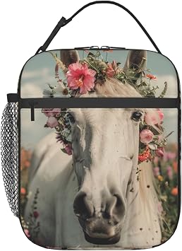 Elegant Horse Flower Insulated Lunch Box for Women Girls,Polyester Reusable Cooler Lunchbox Gifts,Animal and Floral Leakproof Lunchbag for Work,Picnic,Travel,Hiking,Fishing,Camping