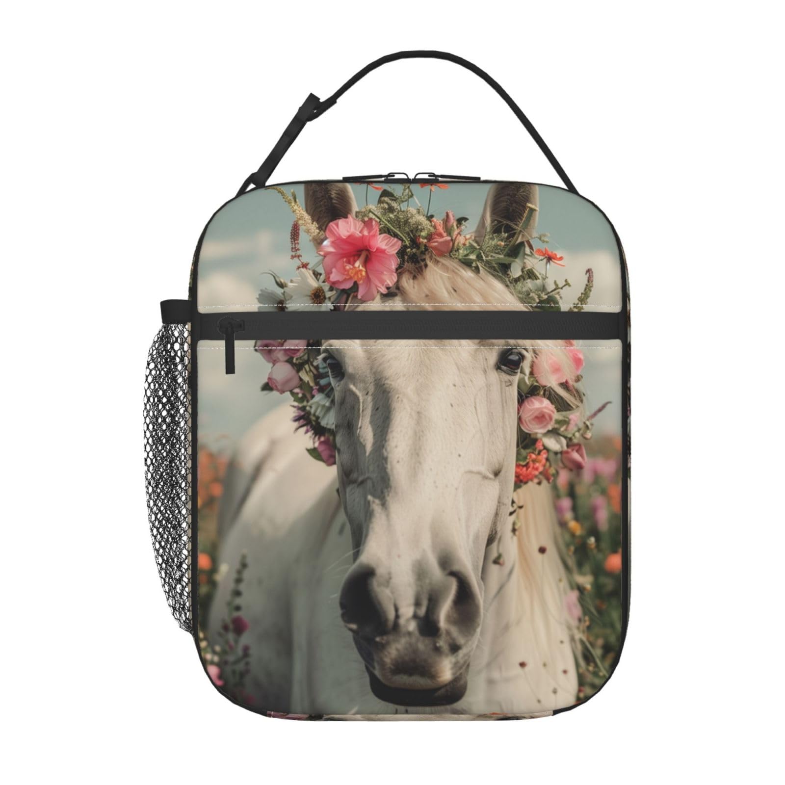cromcu Elegant Horse Flower Insulated Lunch Box for Women Girls,Polyester Reusable Cooler Lunchbox Gifts,Animal and Floral Leakproof Lunchbag for Work,Picnic,Travel,Hiking,Fishing,Camping