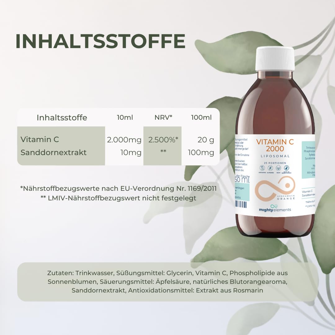 Mighty Elements Liposomales Vitamin C 2000 mg hochdosiert, Orange Geschmack, Immunsystem, Vegan, Glutenfrei & Laktosefrei, Flüssig 250 ml, Glasflasche