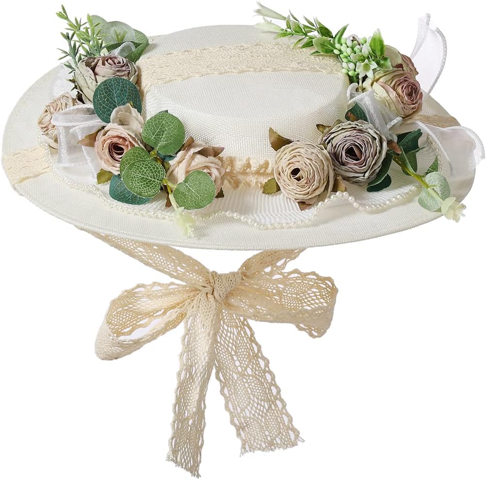 Girls Women Victorian Tea Party Sun Hat Bows Flowers Straw Hats (D)