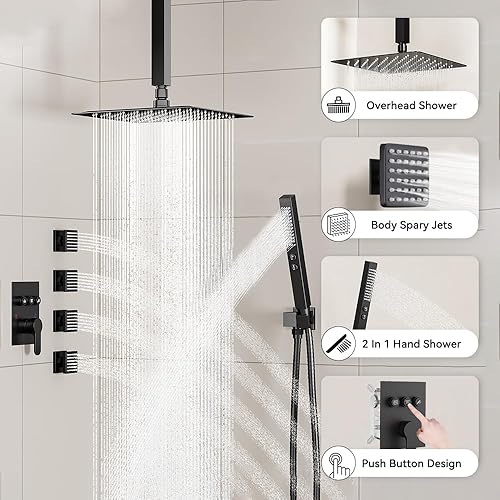 Miniatura 2 de STARBATH - Juego de grifos de ducha, sistema de ducha negro mate, ducha de lluvia de 12 pulgadas con mano 2 en 1 y 4 chorros corporales, se puede