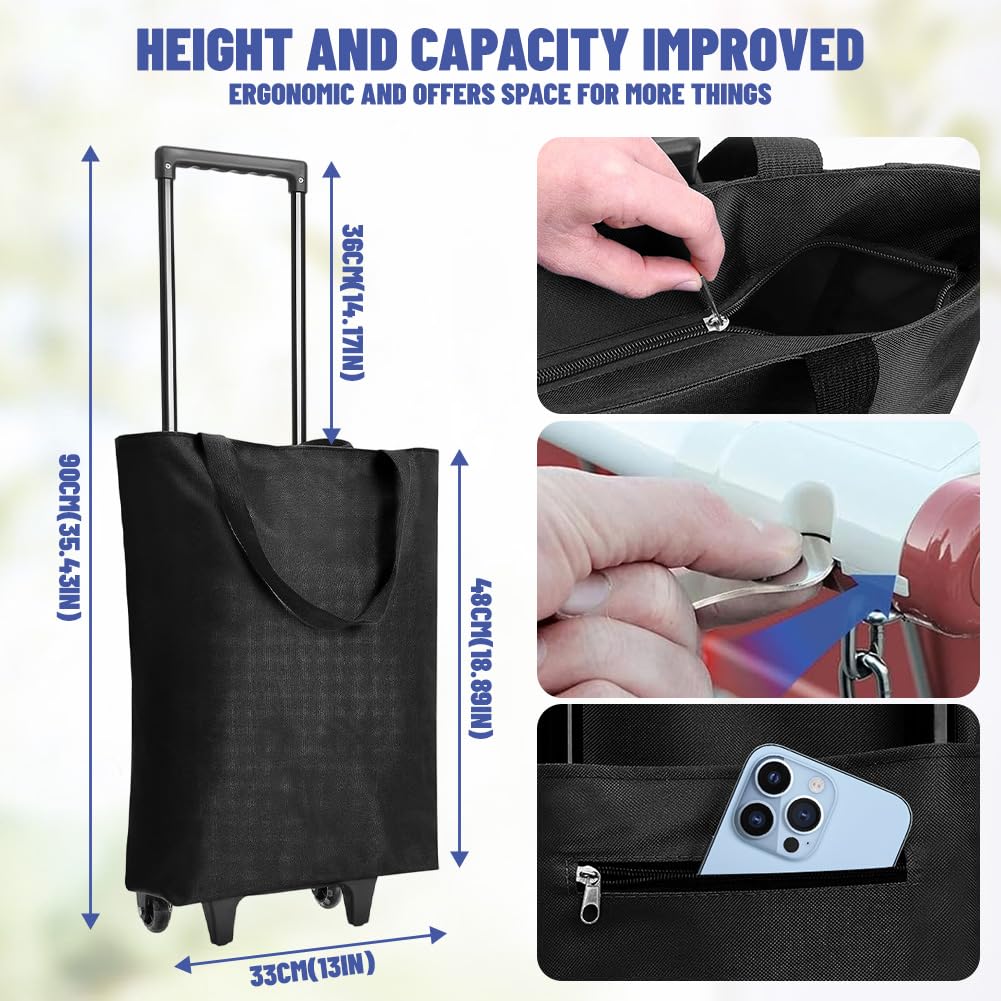 Carrello per la spesa, pieghevole, 30 l, 2 in 1, moderno, con custodia, leggero, fino a 25 kg, per campeggio, viaggi, supermercato (nero)