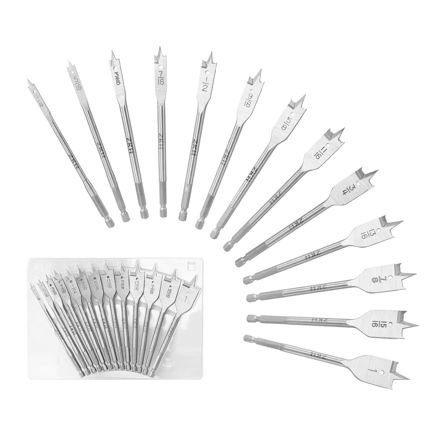 ZKH 13-Piece Spade Drill Bit Set, Paddle Bits Sets for Wood,High Carbon Steel Material with Quick Change Shank,Flat Wood Hole Cutter