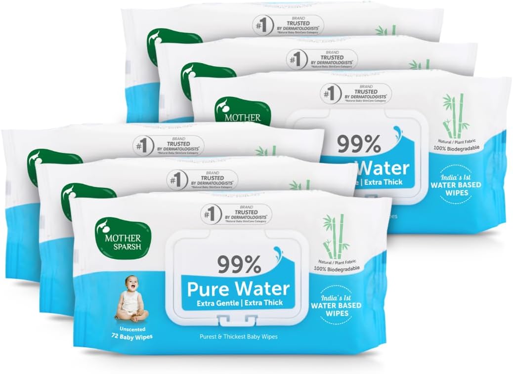 Mother Sparsh 99% Pure Water (Unscented) Baby Wipes I Natural Plant Made Cloth - Super Thick I 72 pcs/Pack - Pack of 6 (Super Saver Pack)