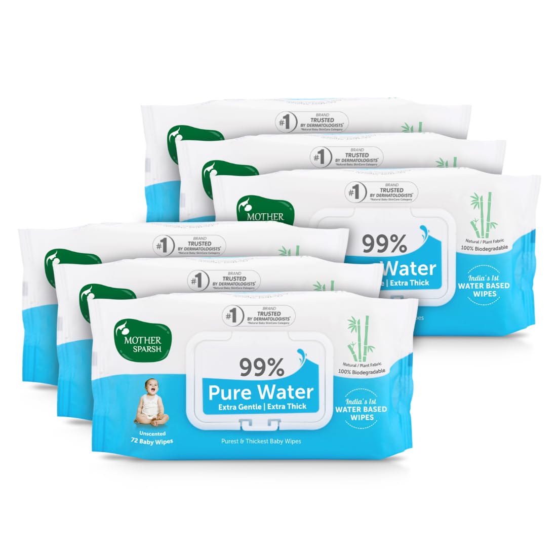 Mother Sparsh 99% Pure Water (Unscented) Baby Wipes I Natural Plant Made Cloth – Super Thick I 72 pcs/Pack – Pack of 6 (Super Saver Pack)