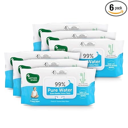 Mother Sparsh 99% Pure Water (Unscented) Baby Wipes I Natural Plant Made Cloth - Super Thick I 72 pcs/Pack - Pack of 6 (Super Saver Pack)