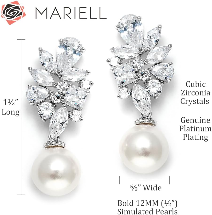 Mariell Bold Ivory Pearl Drop Bridal Earrings with Cubic Zirconia Crystals, Large Size Dramatic Statement Earring, Bridal Jewelry for Wedding, Mother of the Bride - Image 5