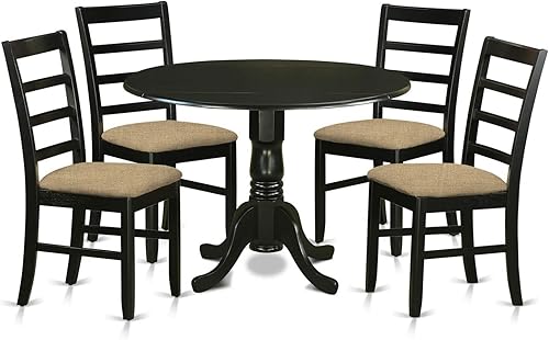 East West Furniture DLPF5-BLK-C - Juego de mesa de comedor de 5 piezas para 4 personas, incluye una mesa de cocina redonda con gotas y 4 sillas de