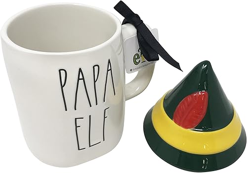 Miniatura 3 de Rae Dunn Taza de cerámica de Navidad con tapa decorativa (Papa Elf/Blanco)