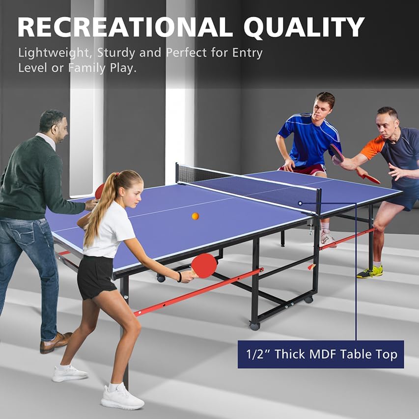 8FT Folding Rolling Table Tennis Table Indoor/Outdoor Table Tennis Table, 2 Rackets, 3 Balls, 1 Net and 4 Wheels Set Behind It for Easy Movement-Blue