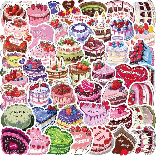 Cute Cake Stickers - 50 Vibrant Sticker Pack with Special 12 Constellation Design, Lovely Stickers for Girl Lady, Delicate Birthday Gift Decor/Book/Phone/Water Bottle/Laptop Decals