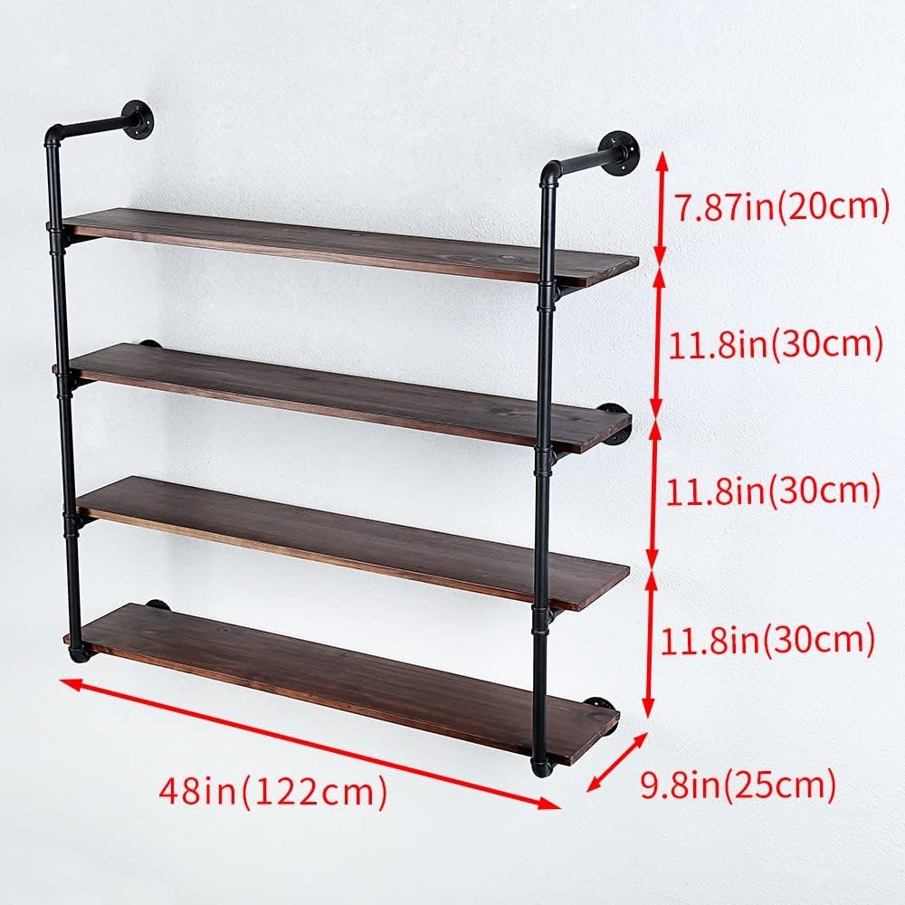 Industrial Pipe Shelving Wall Mounted,48in Rustic Metal Floating Shelves,Steampunk Real Wood Book Shelves,Wall Shelf Unit Bookshelf Hanging Wall Shelves,Farmhouse Kitchen Bar Shelving(4 Tier) 48in 4-layer