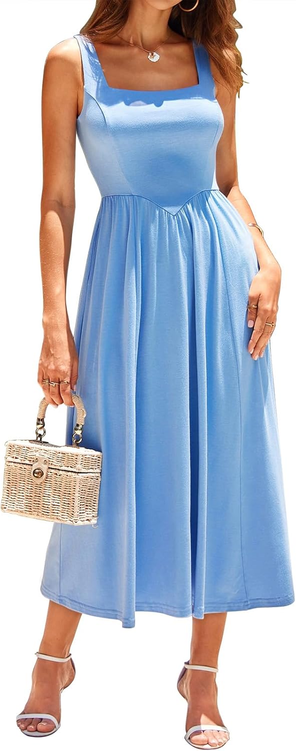 Sureple Midi Dresses for Women 2026 Spring Square Neck Tank Sleeveless A Line Casual Summer Sundresses with Pockets - Image 2