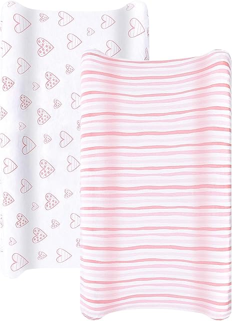 Changing Pad Cover Jersey Knit Cotton, Ultra Soft for Baby Girls, 2 Pack with Pink Prints, Changing Pad Fitted Sheet, Super Breathable&Stretchy