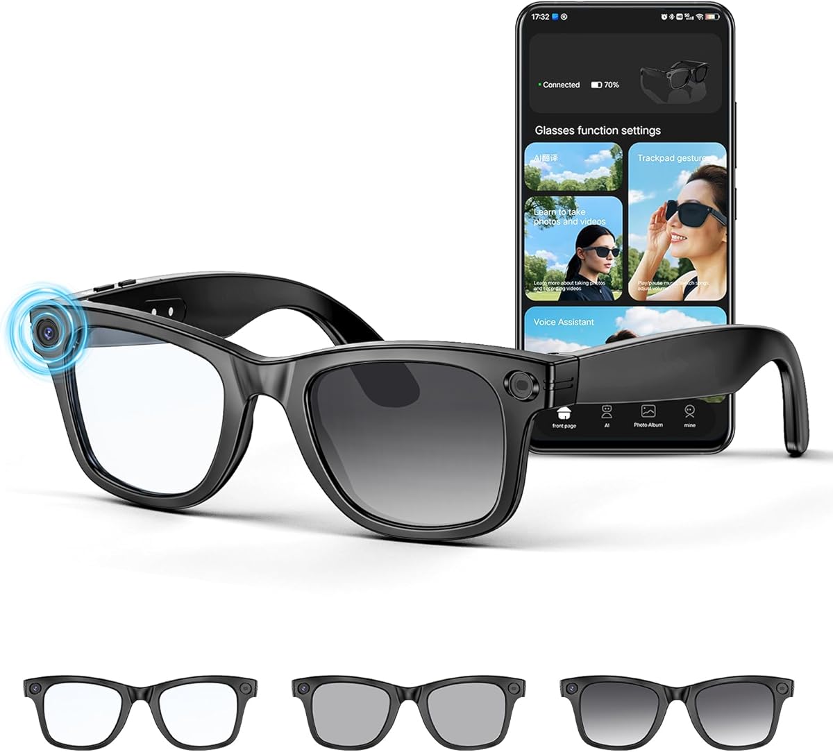 Mingtawn AI Smart Glasses 4K HD Camera, BT Call, 800W Anti-Shake Camera Glasses with Video Recording Dual Mic, Simultaneous Interpretation/GPT Identify Objects, 270mAh Blue Light Glasses（Photochromic