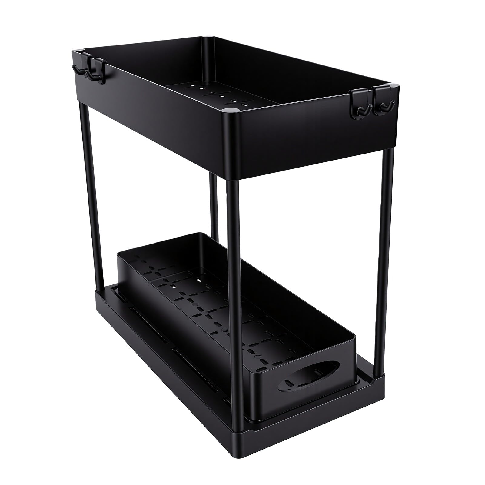 Portaoggetti Sotto il Lavello per e Bagno (Nera) | Organizer Scorrevole con Cassetto Cestello Estraibile con Design di Drenaggio e 4 Ganci per Prodotti per la Pulizia del