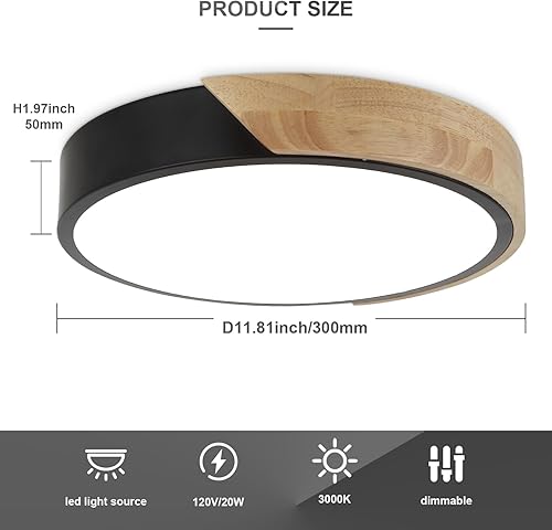 Miniatura 2 de Moderna lámpara de techo LED, luces de techo minimalistas de montaje empotrado negro y madera, iluminación de techo LED redonda regulable con