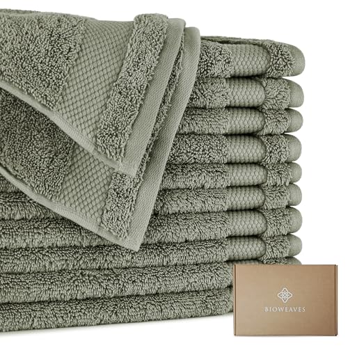 BIOWEAVES 100% Organic Cotton 700 GSM Plush Premium Washcloths 13" x 13" GOTS Certified, Face Towels Perfect for Home & Bathroom - Sage, Pack of 12