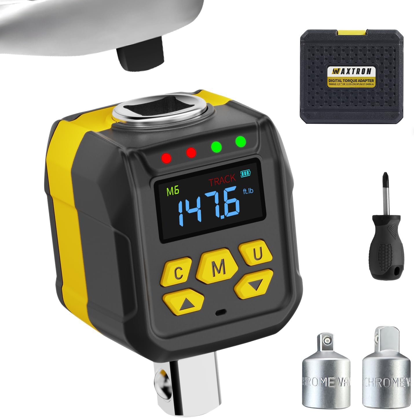 Digital Torque Wrench Adapter 1/2" Drive, 7.5-147.5 ft-lb (10-200 Nm), Buzzer & LED Alert, ±2% Accuracy Torque Calibration Tool with 1/4" & 3/8" Adapters, for Automotive, Car, Motorcycle