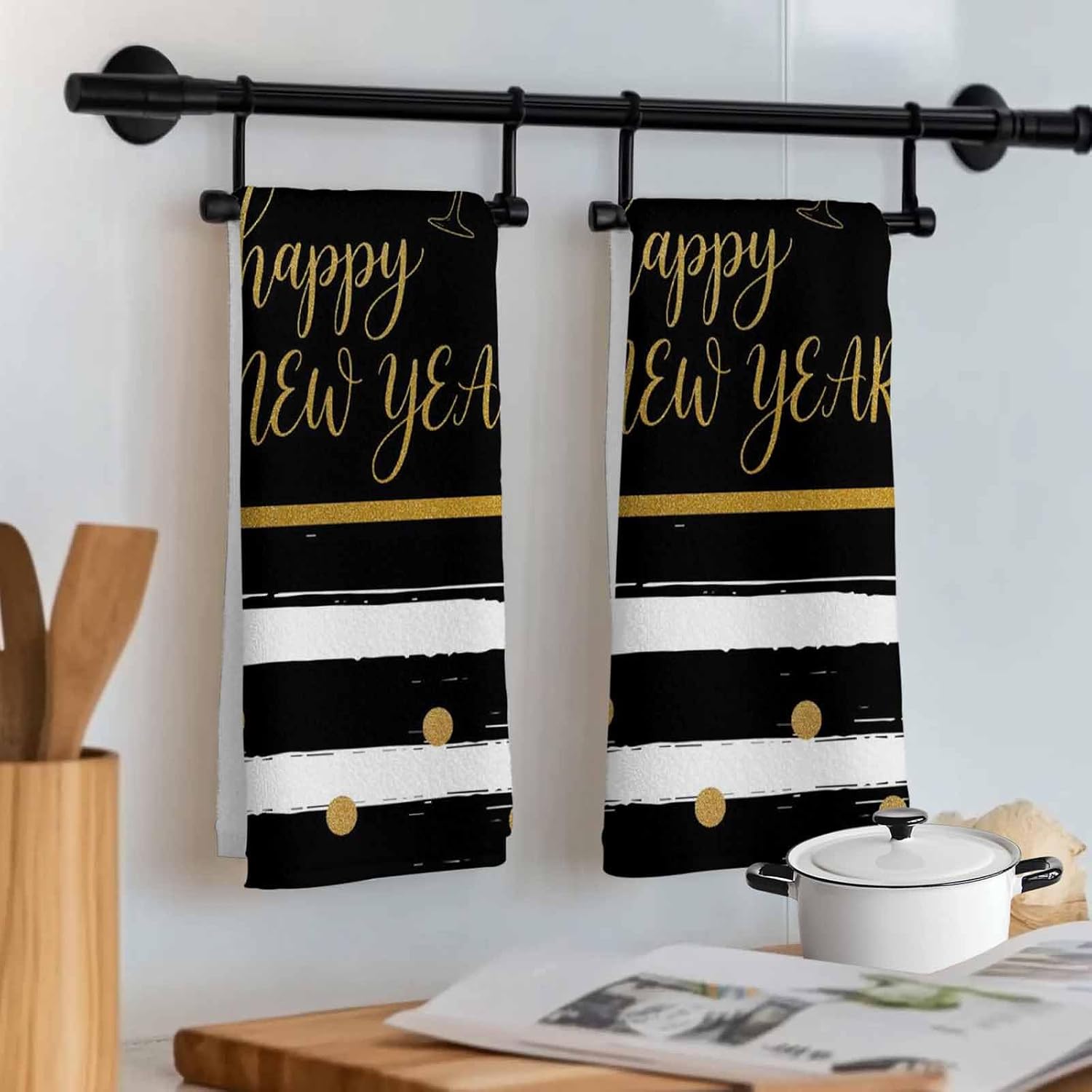 Kitchen Towel Tea Towels,Happy New Year Quotes Golden Point Frame Dish Towels Absorbent Quick Drying Hand Towel Dish Cloths 1 Pack,Black White Stripe Soft Microfiber Dishcloth with Hanging Loop