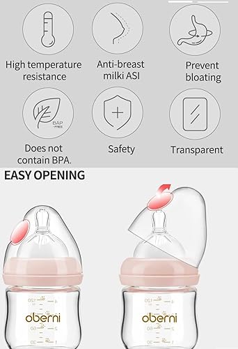 Miniatura 9 de Biberones de cristal, biberón anticólico para lactancia materna con respuesta natural, tamaño S, cuello ancho y flujo lento para bebé, recién