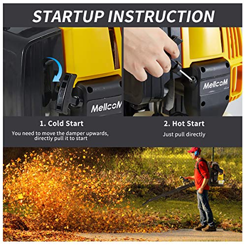 MELLCOM 76cc, 4-Stroke Engine Gas Powered Backpack Leaf Blower, Adjust The Switch Freely, High Efficiency, Low Fuel Consumption, Low Pollution 750CFM