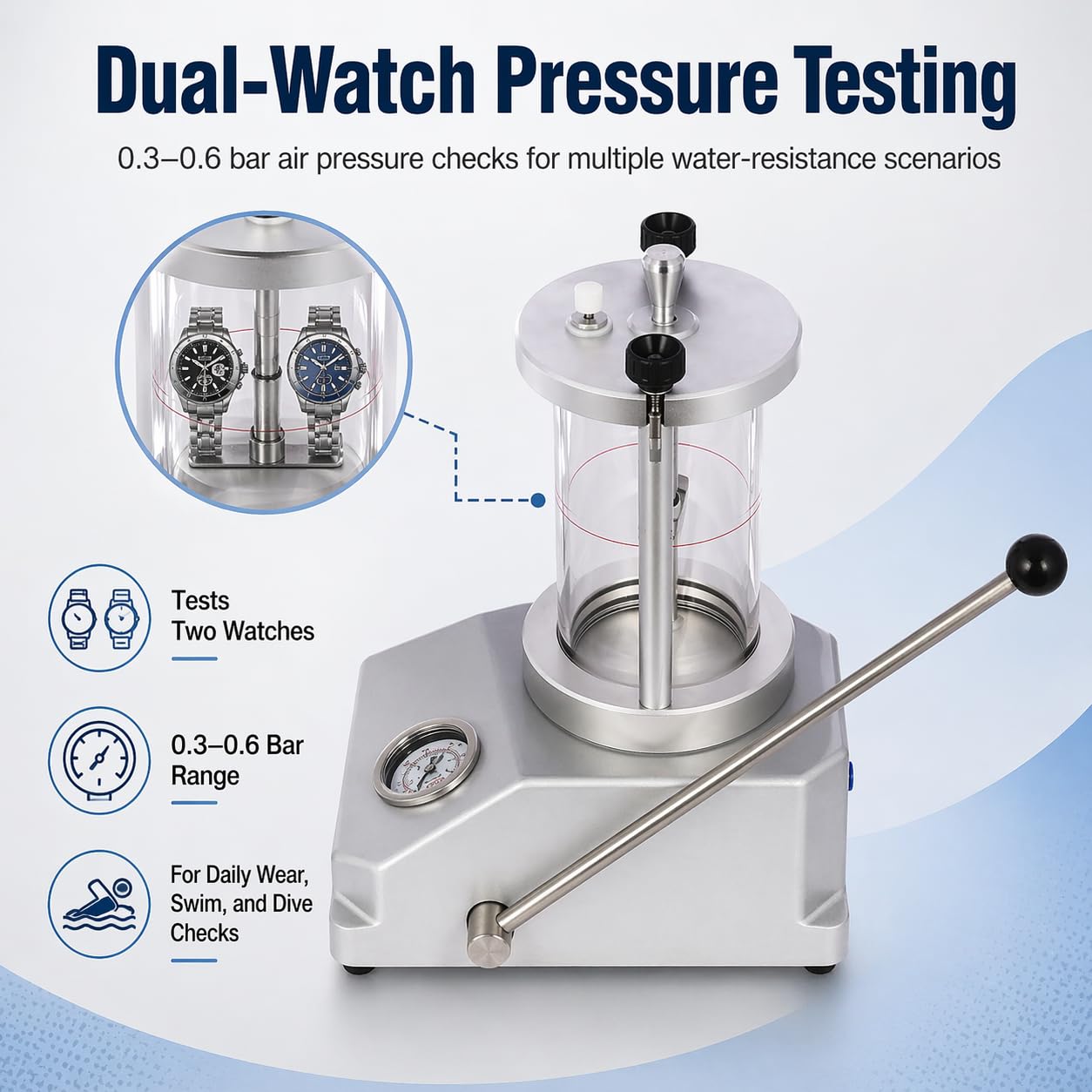 Probador de presión subacuática para reloj, herramienta de comprobación impermeable de 0,3 a 0,6 bar, marco de aluminio, sellos de goma para reloj electrónico de cuarzo mecánico