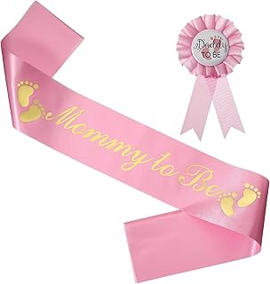 2PCS Pink Baby Shower Sash Set, Mommy to Be Sash & Daddy to Be Badge, Gender Reveal Party Satin-Sash Set, Baby Shower Decorations for New Mom and Dad