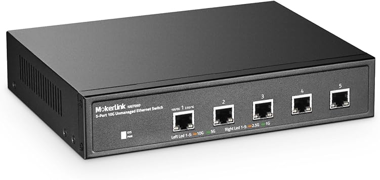 MokerLink 5 Port 10G Unmanaged Ethernet Switch, 10G/5G/2.5G/1G Auto-Adaptive, Plug and Play, Metal Desktop|Rackmount Network Switch